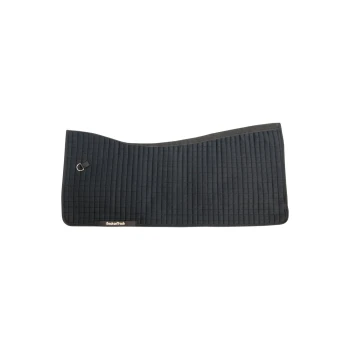 Schwarze gesteppten Tiermatte mit einer Schlaufe zur Befestigung, mit dem "Back on Track"-Logo.