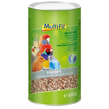 Pojemnik MultiFit Vogelgrit (grit dla ptaków) dla wszystkich ptaków, z kolorowymi ptakami na etykiecie, wspierający trawienie. 300g.