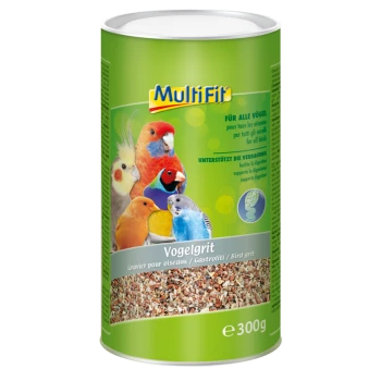 Contenant de MultiFit Vogelgrit (grit pour oiseaux) pour tous les oiseaux, comportant des oiseaux colorés sur l'étiquette et soutenant la digestion. 300g.
