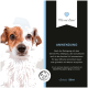 Hund mit weißem Fell und braunen Ohren trägt weißen Hut neben deutschem Text über Anwendungshinweise für Haustier-Conditioner.