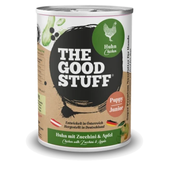 Dose The Good Stuff Welpenfutter, Huhn mit Zucchini & Apfel, gekennzeichnet für Junior-Welpen, hergestellt in Deutschland und Österreich.