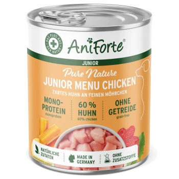 Eine Dose PureNature JuniorMenu Nassfutter für Hunde mit einem Hundegrafik, die Huhn, Karotten und Himbeeren zeigt. 400 g, gluten- und getreidefrei.