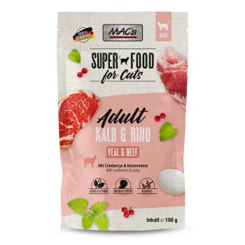 Nassfutter Katze Adult Rind und Kalb 12x100 g Die Verpackung von MAC's Super Food für Katzen mit Adult Kalb & Rind, mit Cranberries und Katzenminze, hebt den hohen Fleischanteil und die Getreidefreiheit hervor.