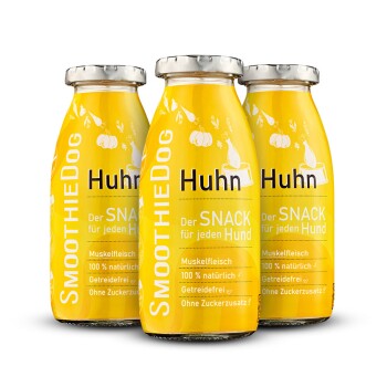 Drei gelbe Flaschen SmoothieDog Huhn Hundesnack mit Text, der natürliche, zuckerfreie Zutaten und Superfoods hervorhebt.