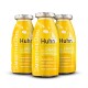 Drei gelbe Flaschen SmoothieDog Huhn Hundesnack mit Text, der natürliche, zuckerfreie Zutaten und Superfoods hervorhebt.