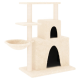 Ein beiger Katzenbaum mit zwei Ebenen, einer gemütlichen Hängematte und zwei geschlossenen Räumen für Katzen zum Verstecken oder Spielen.