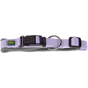 Lila Hundehalsband mit schwarzem Schnallenverschluss und metallischem D-Ring, mit einem kleinen "HUNTER"-Logo-Patch.
