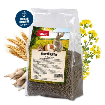 '1kg PANTO Chinchillafutterverpackung mit Bildern eines Chinchillas, Meerschweinchens und Kaninchens, umgeben von Weizen und Blumen.'