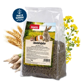 '1kg PANTO Chinchillafutterverpackung mit Bildern eines Chinchillas, Meerschweinchens und Kaninchens, umgeben von Weizen und Blumen.'