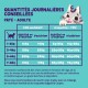 Graphique détaillant les quantités quotidiennes recommandées de nourriture pour chats adultes, y compris des options humides et sèches, avec une illustration de chat joueur.