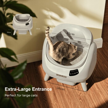 Graue CAT-LINK automatische Katzentoilette mit Katze; sichtbarer Text: "Extra großer Eingang" und "Perfekt für große Katzen."