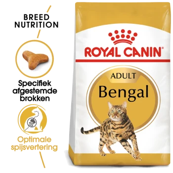 Royal Canin Adult Bengal kattenvoer zak met een illustratie van een Bengal kat, met tekst die de voedingsbehoeften van het ras en optimale spijsvertering benadrukt.