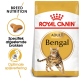 Royal Canin Adult Bengal kattenvoer zak met een illustratie van een Bengal kat, met tekst die de voedingsbehoeften van het ras en optimale spijsvertering benadrukt.