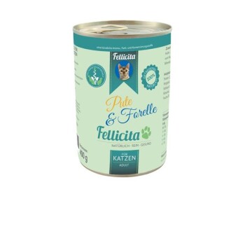 Dosen Katzenfutter, beschriftet mit "Fellicita Pute & Forelle" (Truthahn & Forelle), 400g, mit einer Katzengrafik und dem Anspruch, 100% natürlich zu sein.