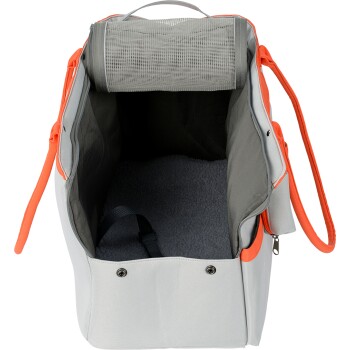 Eine geräumige, weichseitige Haustiertrage in Grau und Orange, mit einem Netzoberteil zur Belüftung und einem plüschigen Innenraum.