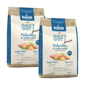 Zwei Säcke Bosch Soft Junior Hundefutter, mit Huhn und Süßkartoffel, gekennzeichnet als getreidefrei und mit einer Proteinquelle, jeweils 2,5 kg.