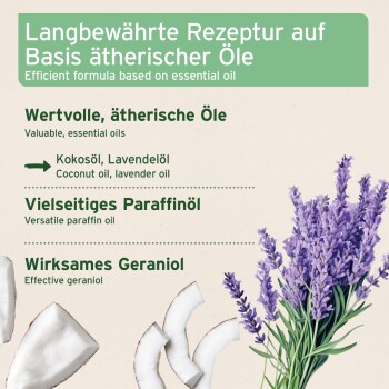 Produktetikett für eine ätherische Öl-Mischung mit Kokosnuss, Lavendel, Paraffinöl und Geraniol.