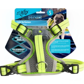 Neon-gelbes leuchtendes Hundegeschirr für kleine Hunde mit grauer gepolsterter Brust, vorderem LED-Modul und D-Ring; auf der Verpackung steht 'afp all for paws' und 'Light Up Harness.'