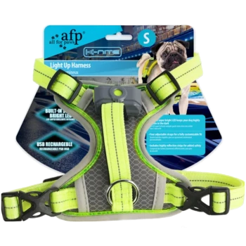 Neon-gelbes leuchtendes Hundegeschirr für kleine Hunde mit grauer gepolsterter Brust, vorderem LED-Modul und D-Ring; auf der Verpackung steht 'afp all for paws' und 'Light Up Harness.'