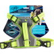 Neon-gelbes leuchtendes Hundegeschirr für kleine Hunde mit grauer gepolsterter Brust, vorderem LED-Modul und D-Ring; auf der Verpackung steht 'afp all for paws' und 'Light Up Harness.'
