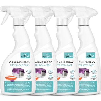 OptiPet-Reinigungssprayflasche für Katzenkäfige und Käfige, mit einem Sprühkopf und einem Etikett mit Produktdetails und Anwendungshinweisen.