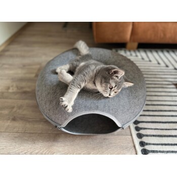 Graue Katze liegt auf einem runden grauen Filzhaustierbett mit Eingangsluke, auf Holzboden neben einem gestreiften Teppich.