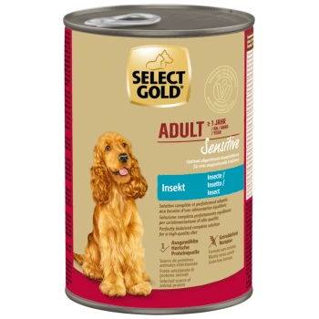 Blik Select Gold Adult Sensitive hondenvoer met insecteneiwit, graanvrije formule en afbeelding van een gouden cocker spaniel.