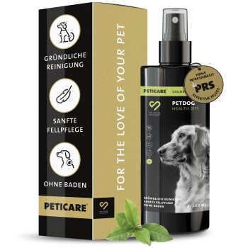 Schwarze Sprühflasche mit der Aufschrift "PETDOG HEALTH 2111" und einem goldenen Siegel, mit dem Profil eines Golden Retrievers und grünen Blättern am Boden.