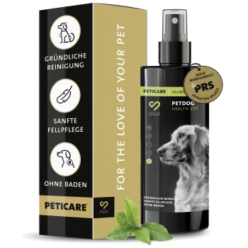 Schwarze Sprühflasche mit der Aufschrift "PETDOG HEALTH 2111" und einem goldenen Siegel, mit dem Profil eines Golden Retrievers und grünen Blättern am Boden.