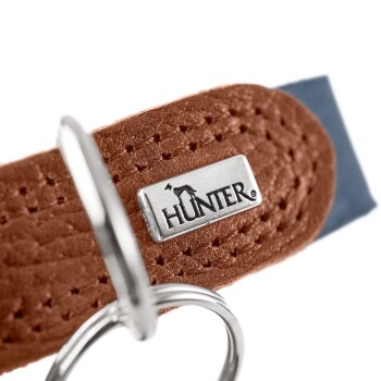 Nahaufnahme eines braunen Leder-Hundehalsbands mit einem silbernen 'HUNTER'-Logo und einem Metall-D-Ring zur Leinenbefestigung.
