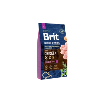 Hundefutterbeutel mit der Aufschrift "Brit Premium by Nature," mit einer Hähnchenformel für kleine Junghunde, mit 55% Hähnchenanteil.