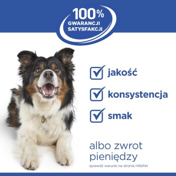 Szczęśliwy pies z polskim tekstem: '100% GWARANCJI SATYSFAKCJI' i listą kontrolną 'jakość, konsystencja, smak', 'albo zwrot pieniędzy'.