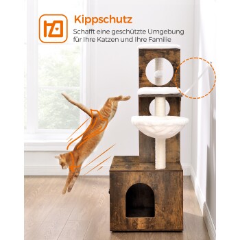 Eine verspielte orange Katze springt von einem Holz-Katzenbaum mit einer weißen Hängematte, neben einem Text über die Schaffung eines sicheren Raums für Katzen und Familien.