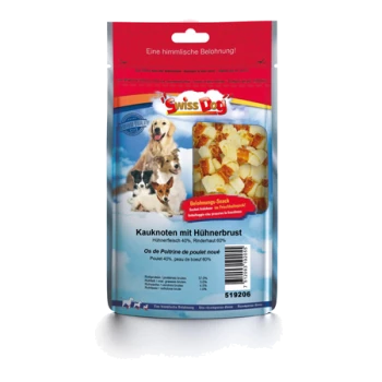 Hundeleckerlipackung mit der Marke "Swiss Dog," beschriftet "Kauknoten mit Hühnerbrust," mit Bildern von Hunden und einer Snackillustration.