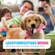 Welpe hält ein pinkes Flamingo-Spielzeug, unscharfe Familie im Hintergrund; Text lautet 'LEICHTGEWICHTIGES DESIGN' und 'NICHT FÜR AGGRESSIVE KAUER'.