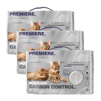 Drie zakken PREMIERE Multi-Cat Carbon Control klonterende kattenbakvulling, met afbeeldingen van twee tabby katten en de tekst 'Ik hou van mijn kat.'