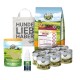 Eine Sammlung von Bellfor Haustierprodukten: eine "HUNDE LIEBHABER" Tasche, Trockenfutterbox, Nierenpulver, Tropfflasche und sechs Dosen Hundefutter.