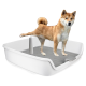 Hellbrauner Shiba Inu steht mit einem Hinterbein angehoben in einer weißen Plastik-Toilette für Hunde mit grauem Gitter und zentralem Pfosten.