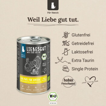 Liebesgut Bio-Katzenfutterdose 'Bio-Pute für Katzen' mit Putendarstellung; Überschrift 'Weil Liebe gut tut.' Angaben: Glutenfrei, Getreidefrei, Laktosefrei, Extra Taurin, Single Protein