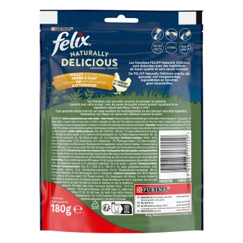 Dos d'un sachet de friandises pour chats Purina Felix Naturally Delicious, emballage bleu montrant la marque, « Naturally Delicious », mention poulet & herbe à chat et 180 g