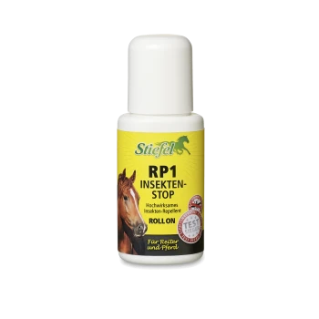 Stiefel RP1 Insekten-Stop Roll-On Insektenschutzmittel für Pferde, mit einem Pferdebild und Text in Deutsch, der die Wirksamkeit hervorhebt.