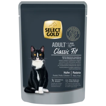 Select Gold Adult Classic Fit Katzenfutterbeutel mit Bild einer schwarz-weißen Katze, Hühnerpastete, getreidefrei, ohne Zuckerzusatz oder Soja.
