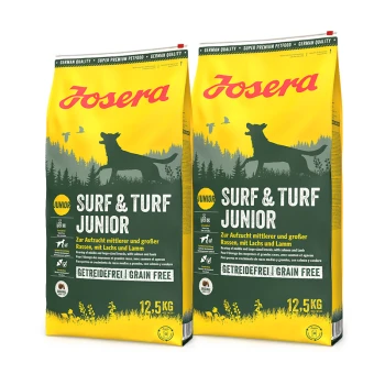 Zwei gelb-grüne Beutel Josera Surf & Turf Junior getreidefreies Hundefutter für mittelgroße und große Rassen, jeweils 12,5 kg.