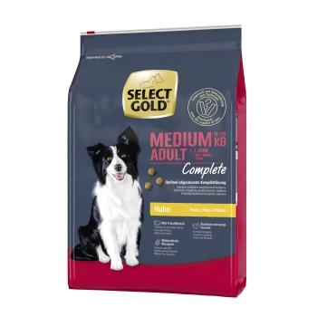 Complete Medium Adult Huhn 4 kg Hundefutterbeutel mit einem schwarz-weißen Hund, beschriftet mit "SELECT GOLD MEDIUM ADULT Complete", mit Details zu Gewicht und Zutaten.