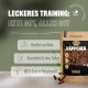Verpackung für Hundeleckerlis "ALPHAZOO HÄPPCHEN" hebt "Leckeres Training: Ente gut, alles gut" hervor, getreidefrei, zuckerfrei, 100% Ente.