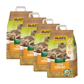 Vier Säcke MultiFit Corn Comfort Katzenstreu, mit verspielten Katzen auf der Vorderseite, mit einem Etikett für 7 Liter Kapazität.