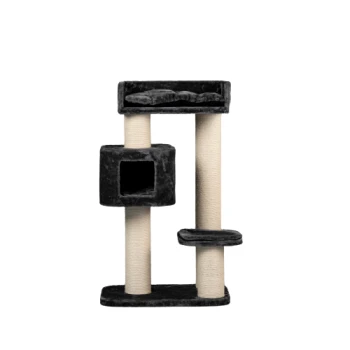Schwarzer Katzenbaum mit mehreren Ebenen, Kratzpfosten und einem gemütlichen Versteck.