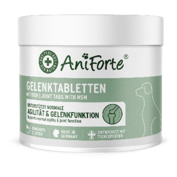 Weiß-grüne AniForte-Dose mit Aufschrift „Gelenktabletten“ (Gelenktabletten mit MSM) für Hunde, Hundesilhouette und „Made in Germany“