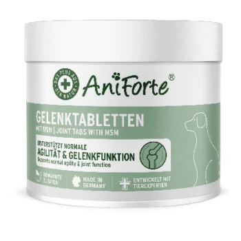 Weiß-grüne AniForte-Dose mit Aufschrift „Gelenktabletten“ (Gelenktabletten mit MSM) für Hunde, Hundesilhouette und „Made in Germany“