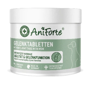 Weiß-grüne AniForte-Dose mit Aufschrift „Gelenktabletten“ (Gelenktabletten mit MSM) für Hunde, Hundesilhouette und „Made in Germany“